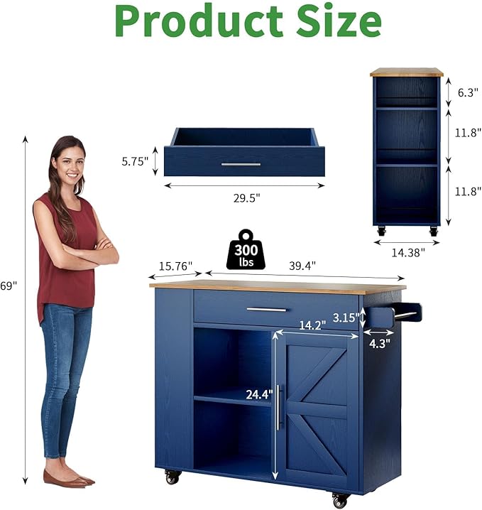4 EVER WINNER Kitchen Island with Storage, Kitchen cart with Spice Rack & Towel Rack, Cabinet & Drawer, Small Kitchen Island with Open Shelves, Blue