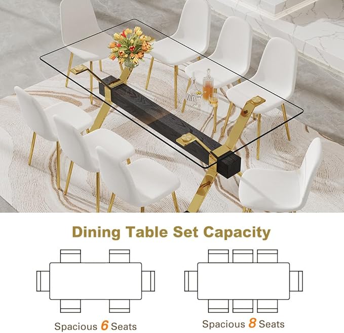 71'' Glass Dining Table Set for 8,9 Piece Dining Table Set with Open‑Frame X‑Shaped Golden Metal Base,Gold Kitchen Table and Chairs Ideal for Dining Room&Home Office