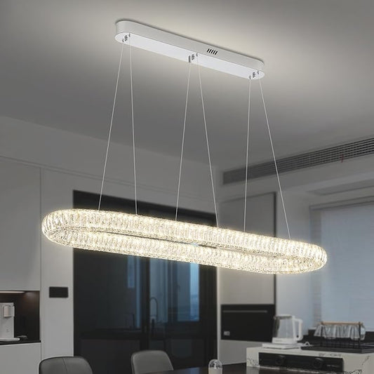 Oval Crystal Ring Chandelier for Living Room, 47.2'' Chrome Ring Pendant Light for Kitchen Island Modern Linear Oval Chandeliers for Dining Room Dimmable 3000K-6000K