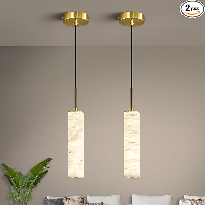 LMQNINE Natural Alabaster Pendant Lights for Kitchen Island White Marble Long Tube Chandelier Modern Gold Ceiling Light Fixtures for Bedroom Dining Room Table Living Room Hallway(S-2Pack)