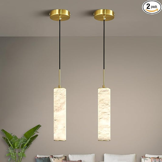 LMQNINE Natural Alabaster Pendant Lights for Kitchen Island White Marble Long Tube Chandelier Modern Gold Ceiling Light Fixtures for Bedroom Dining Room Table Living Room Hallway(S-2Pack)