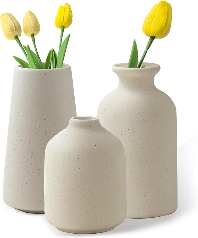 Beige Ceramic Vases Set of 3 for Pampas Grass & Dried Flowers, Creative Modern Boho Farmhouse Décor, Small Ceramic Vase for Shelf, Desk, Bookshelf and Entryway