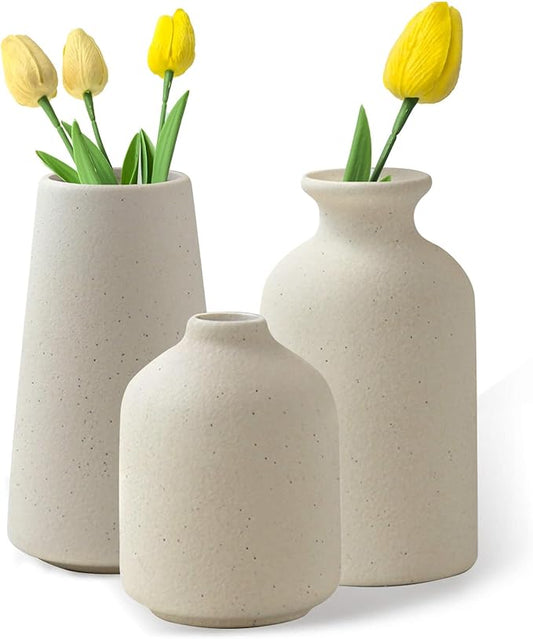 Beige Ceramic Vases Set of 3 for Pampas Grass & Dried Flowers, Creative Modern Boho Farmhouse Décor, Small Ceramic Vase for Shelf, Desk, Bookshelf and Entryway