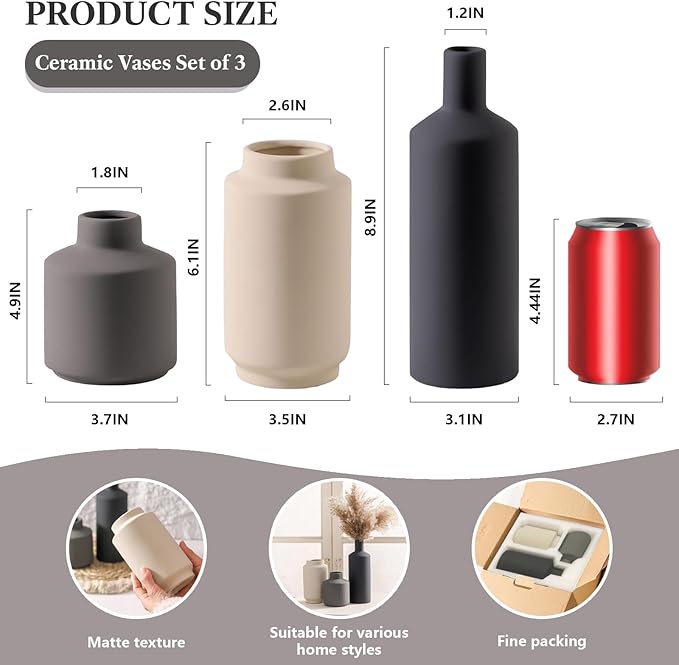 Ceramic Vase Set of 3, Vases Home Decor, Neutral Rustic Modern Farmhouse Decor, Pottery Vases for Pampas Grass Dried Fresh Flowers, Living Room Kitchen Bedroom Bathroom Entryway Mantel Shelf (Beige)