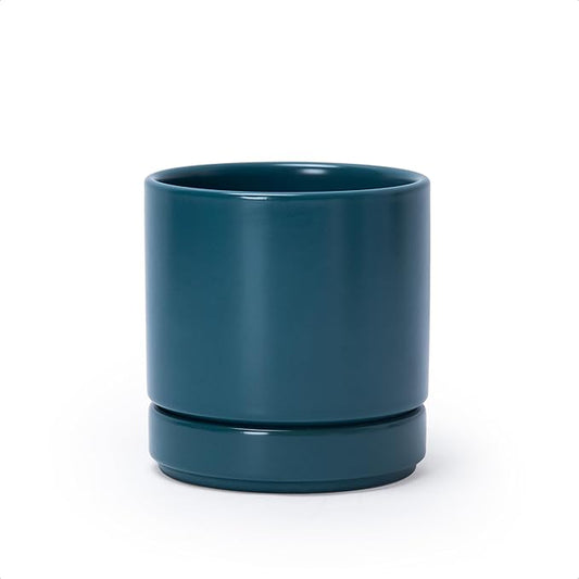 D'vine Dev 4.7 Inch Ceramic Planter Pot with Drainage Hole and Saucer, Indoor Cylinder Round Planter Pot, Teal, 94-O-B-9