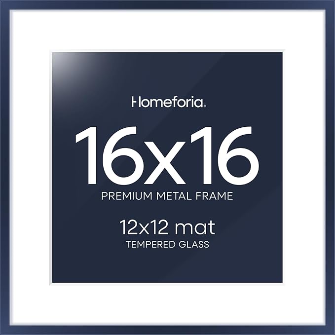Homeforia 16x16 Picture Frame Navy Blue, High End Metal 16 x 16 Square Poster Frame with Mat 12 x 12 Photo, 16x16 Frame Matted to 12x12 Print, 16by16 Hanging Frames, Tempered Glass, Wall Kit, Set of 1