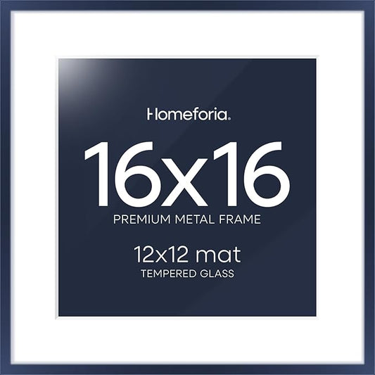 Homeforia 16x16 Picture Frame Navy Blue, High End Metal 16 x 16 Square Poster Frame with Mat 12 x 12 Photo, 16x16 Frame Matted to 12x12 Print, 16by16 Hanging Frames, Tempered Glass, Wall Kit, Set of 1