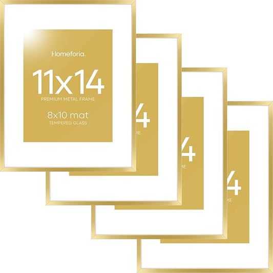 Homeforia 11x14 Picture Frame Gold, High End Metal 11x14 Poster Frames with Mat for 8x10, 11 x 14 Gold Frame Matted to 8 x 10 inch Photo, 11by14 Thin Hanging Frames, Tempered Glass, Wall Kit, Set of 4