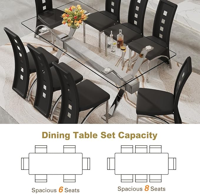 71'' Glass Dining Table Set for 8,9 Piece Dining Table Set with Tempered Glass Tabletop and Open‑Frame X‑Shaped Metal Base,Kitchen Table and Chairs Ideal for Dining Room&Home Office
