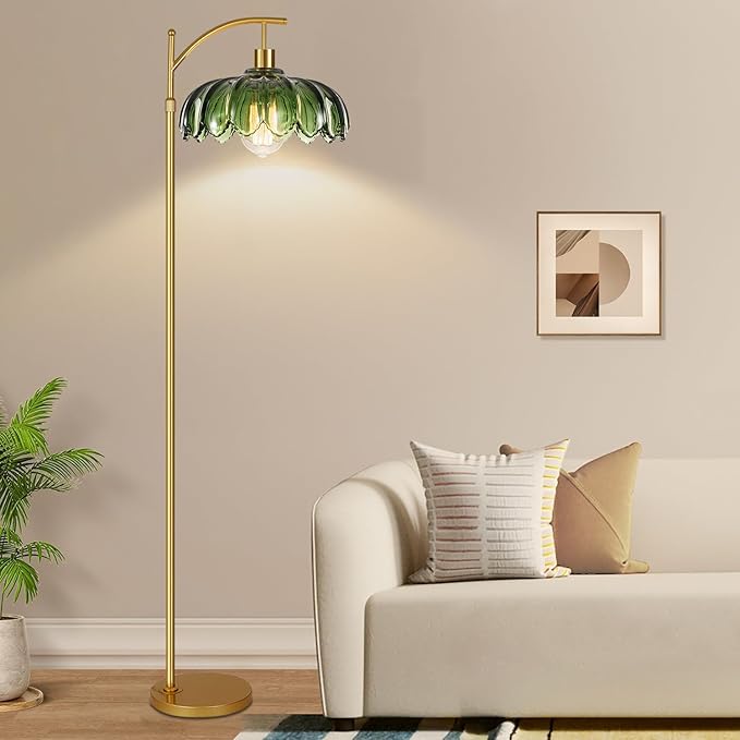 Gold Floor Lamp for Living Room,Bedroom,Mid Century Modern Standing Lamp with Remote,Dimmable Brass Tall Lamp Vintage Retro Green Glass Arc Floor Flower Floor Light Boho Bohemian