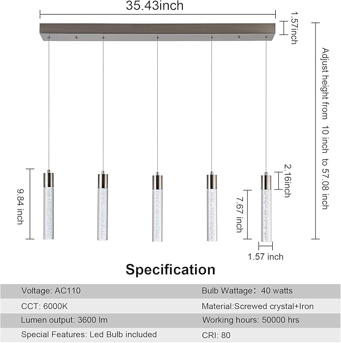 5-Light Pendant Ceiling Light Fixture for Kitchen Island, Modern Pendant Lighting for Kitchen Island,Integrated Dimmable Led Hanging Light with Crystal 40W,6000k for Kitchen…