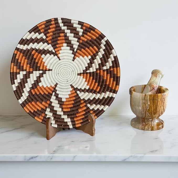 Handwoven African Basket Handmade sisal Fruit Bowl Wall Hanging decorative Baskets for Home Living Room Kitchen Centerpiece Zen Designs Arts and Crafts (Dark Brown Orange White, 12in diameter)