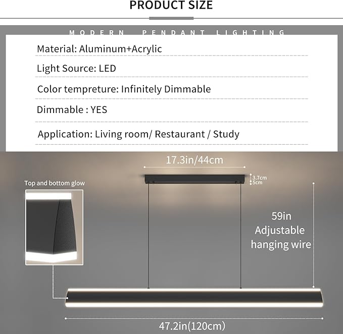 47" Linear Pendant Light Fixtures, Dimmable LED Chandeliers for Dining Room, Modern Pool Table Island Light for Kitchen Dining Room Billiard Room Office, Black, Adjustable Height