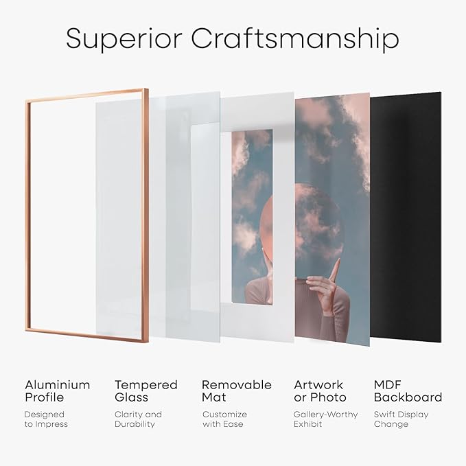 Homeforia A3 Picture Frame Rose Gold, High End Metal 11.7 x 16.5 inch Poster Frames with Mat 8.3 by 11.7 for Photo, A3 Size Frames Matted to A4 Print, 11.7x16.5 Hanging Frame, Tempered Glass, Set of 2