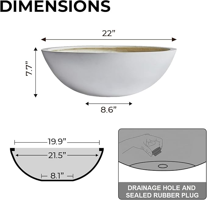 7.7" H x 22" D Round Bowl Fiberstone Planter for Succulent and Lotus, Drainage Hole, Weather Resistant for Indoor and Outdoor Use, Included 2 Extra Coco Mats (White, 19.9" Pot Opening)
