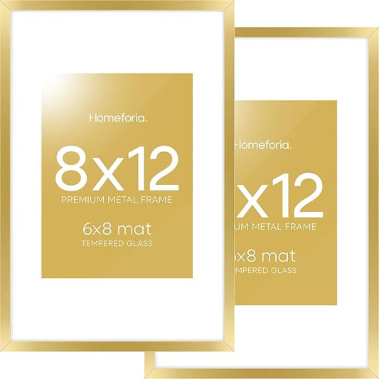 Homeforia 8x12 Picture Frame Gold, High End Metal 8 x 12 Poster Frames with Mat 6 by 8 for Photo, 12x8 Frame Matted to 6x8 inch Print, 8by12 Wall or Tabletop Frames, Tempered Glass, Wall Kit, Set of 2