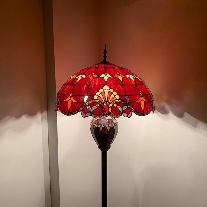 Bieye L10887 Baroque Tiffany Style Stained Glass Double Lit Floor Lamp for Home Decor 64-inch Tall (20-inch Wide, Red)