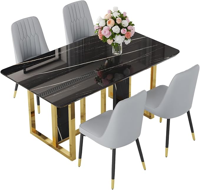 TesNus 63" Black Dining Table Set for 4 with Chairs,Modern Faux Marble Rectangular Kitchen Table and Chairs Set Luxury 5 Piece Dining Room Set with Gold Metal Legs,Easy Assemble,Stable Base