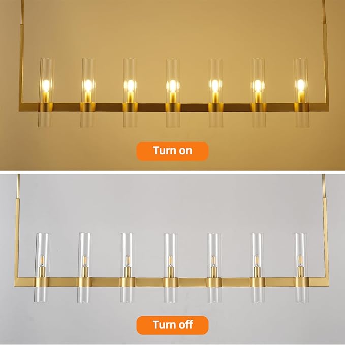 Modern Gold Linear Chandelier 59 in,Chandeliers for Dining Room 7 Light, Kitchen Island Lighting Fixture, Adjustable Chandelier over Dining Table, Gold Glass Chandelier Light Fixture, Includes Bulbs