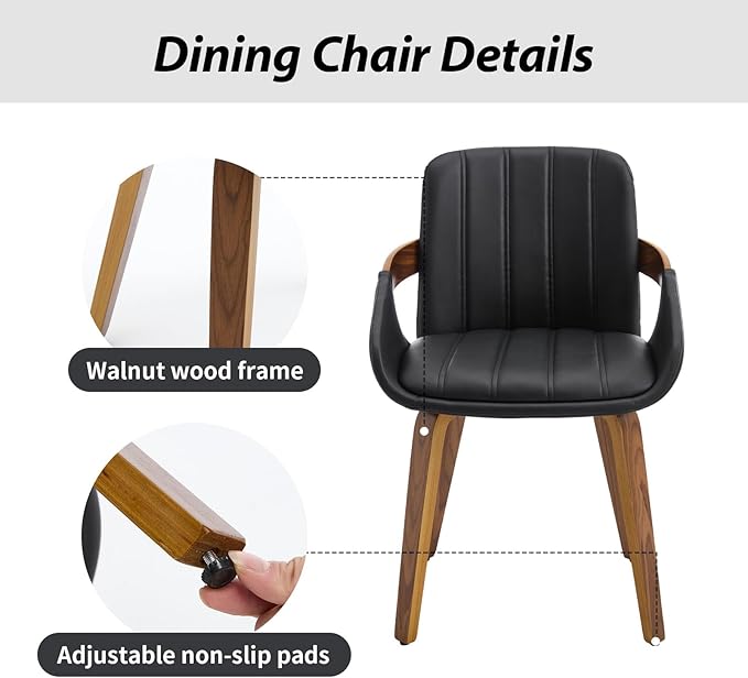 Dining Chairs Set of 2, Mid Century Modern Dining Room Chairs with Arms and Mid Back PU Leather Upholstered Bentwood Kitchen Chairs for Home Restaurant Office - Black