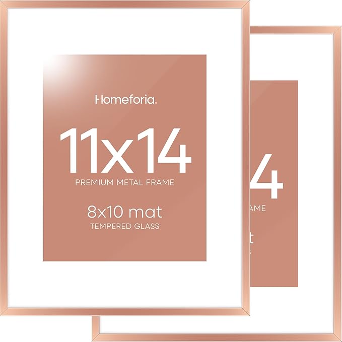 Homeforia 11x14 Picture Frame Rose Gold, High End Metal 11x14 Wall Hanging Frame with Mat 8x10, 11 x 14 Poster Frame Matted to 8 x 10 inch Photo, 11by14 Thin Frames, Tempered Glass, Wall Kit, Set of 2