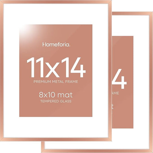 Homeforia 11x14 Picture Frame Rose Gold, High End Metal 11x14 Wall Hanging Frame with Mat 8x10, 11 x 14 Poster Frame Matted to 8 x 10 inch Photo, 11by14 Thin Frames, Tempered Glass, Wall Kit, Set of 2