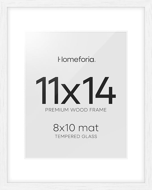 Homeforia White Frame 11x14 Wood, High End Oak 11x14 Picture Frames with Mat 8x10, 11 x 14 White Wooden Poster Frame Matted to 8 x 10 inch Photo, 14by11 Thin Frames, Tempered Glass, Wall Kit, Set of 1
