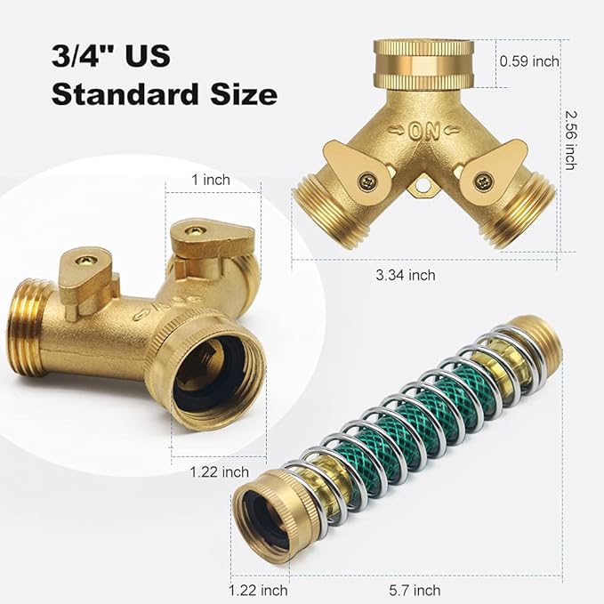 Brass Garden Hose Splitter 2 Way, All Body Metal Heavy Duty Water Splitter Y Way with 2 Hose Protectors Kink Free Hose Extension 10 Rubber Washers