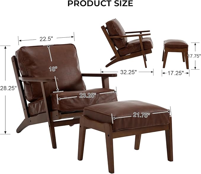 Mid Century Modern Reading Armchair with Ottoman, PU Leather Bedroom Accent Chair, Elegant Upholstered Side Chair in Brown