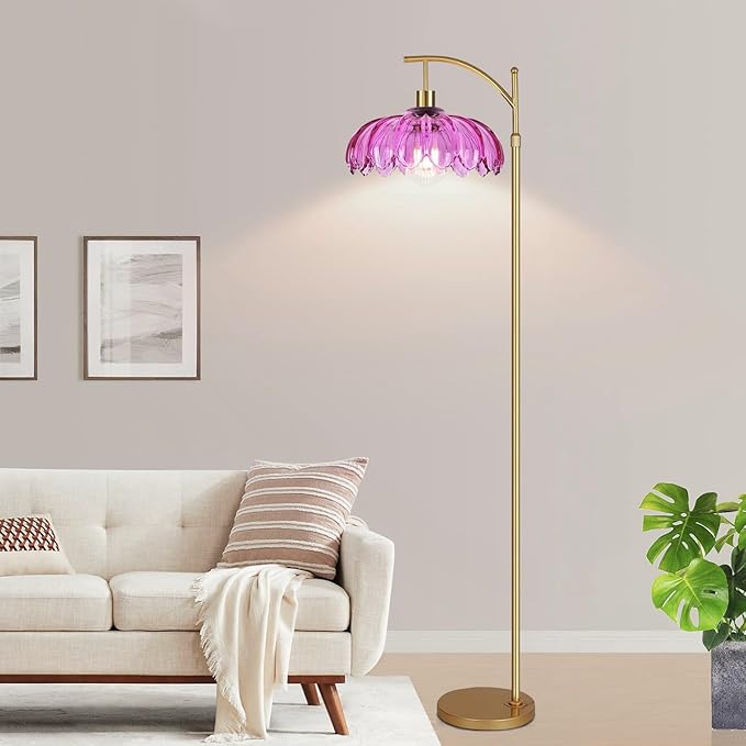 Floor Lamp for Living Room,Bedroom,Gold Dimmable Standing Lamp with Remote,Mid Century Modern Brass Tall Lamp Retro Vintage Purple Glass Lamp Floor Light Boho Bohemian