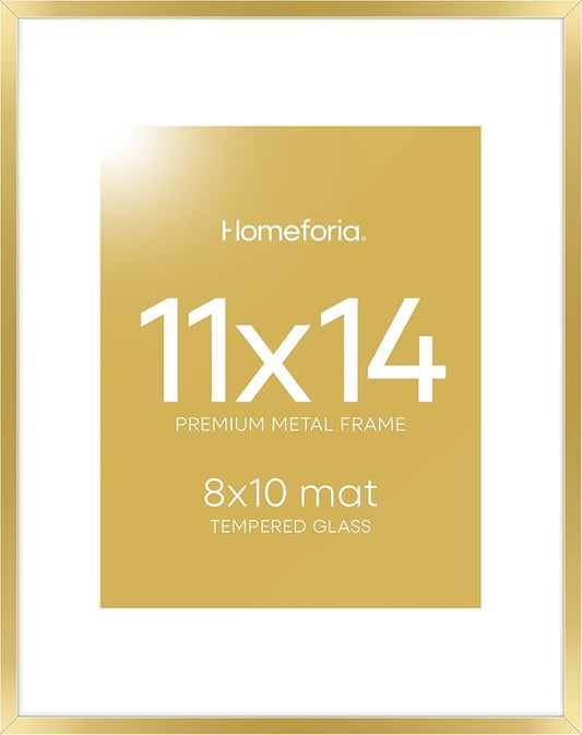 Homeforia 11x14 Picture Frame Gold, High End Metal 11x14 Poster Frames with Mat for 8x10, 11 x 14 Gold Frame Matted to 8 x 10 inch Photo, 11by14 Thin Hanging Frames, Tempered Glass, Wall Kit, Set of 1