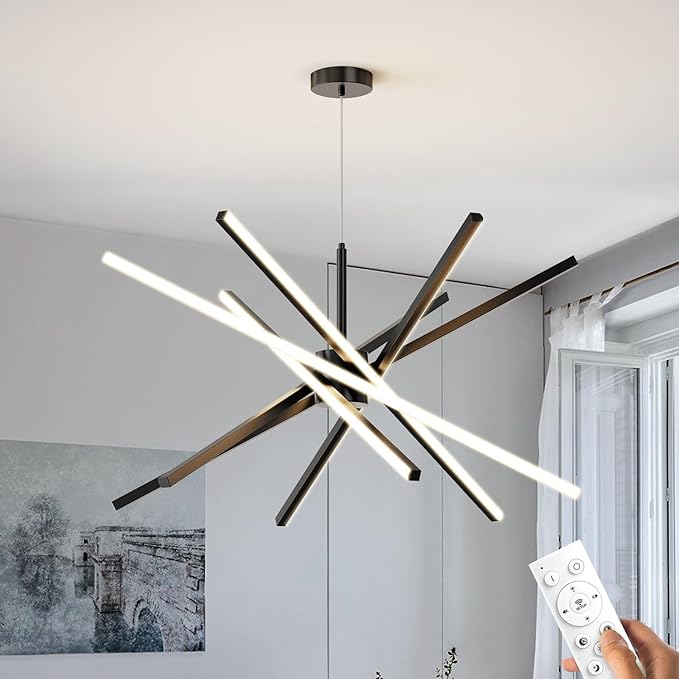 Modern Sputnik Chandelier Ceiling LED Black Pendant Light Embedded Mount Chandeliers Dining Room Light Fixtures Over Table Dimmable with Remote Control for Living Room Kitchen Bedroom (6-Light Black)