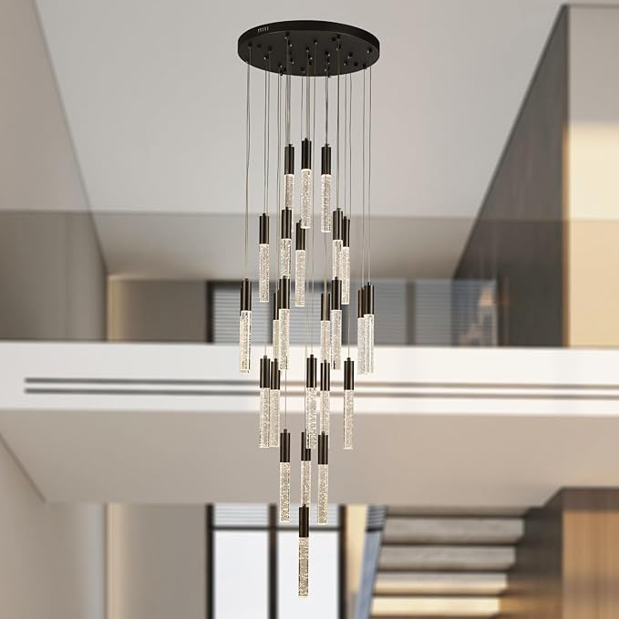 Black Crystal Chandeliers, Large Dimmable Hanging Lamps, Round LED Raindrop Ceiling Pendant Light Fixtures for Dining Room Staircase Living Room Farmhouse