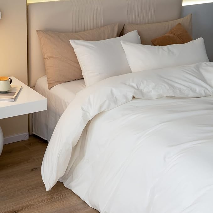 JIYUAN 100% Washed Cotton Duvet Cover Set 3 Pieces Full, 1 Duvet Cover 80x90 Inches(Comforter Not Included) and 2 Pillowcases,Linen Feel Bedding Set Comfy and Breathable,Off White