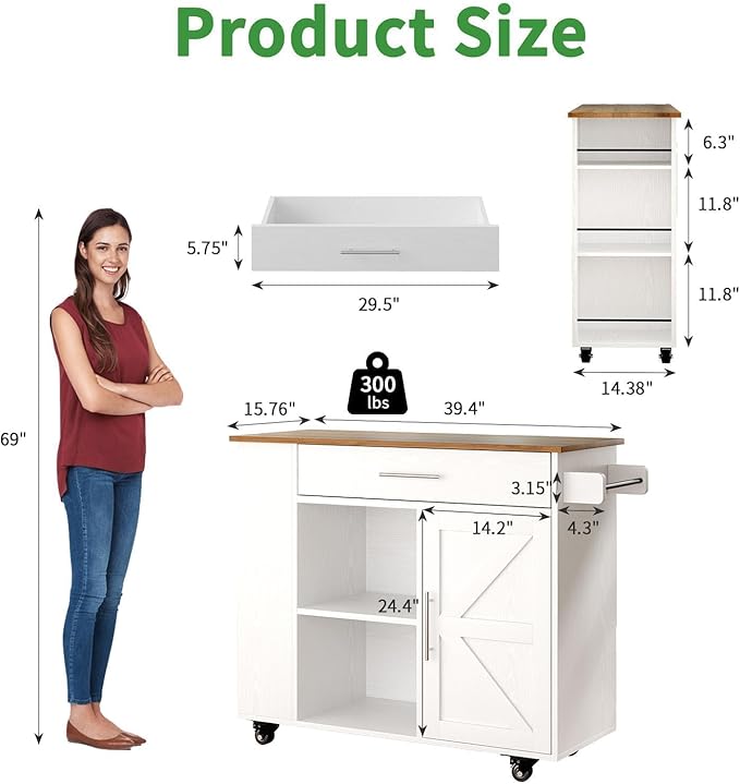 4 EVER WINNER Kitchen Island cart with Storage on Wheels, Kitchen Island with Storage Cabinet, Spice Rack & Towel Rack & Drawer, Kitchen Island Cart with Open Shelves for Dining Room,White