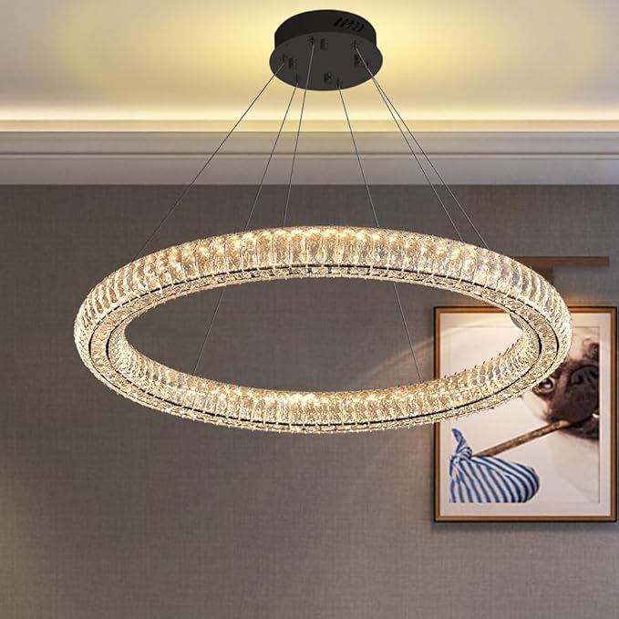 Modern Black Crystal Chandelier Dimmable LED 23.6" Ring Pendant Light Adjustable Round Crystal Chandelier Light Fixtures for Dining Room Living Room