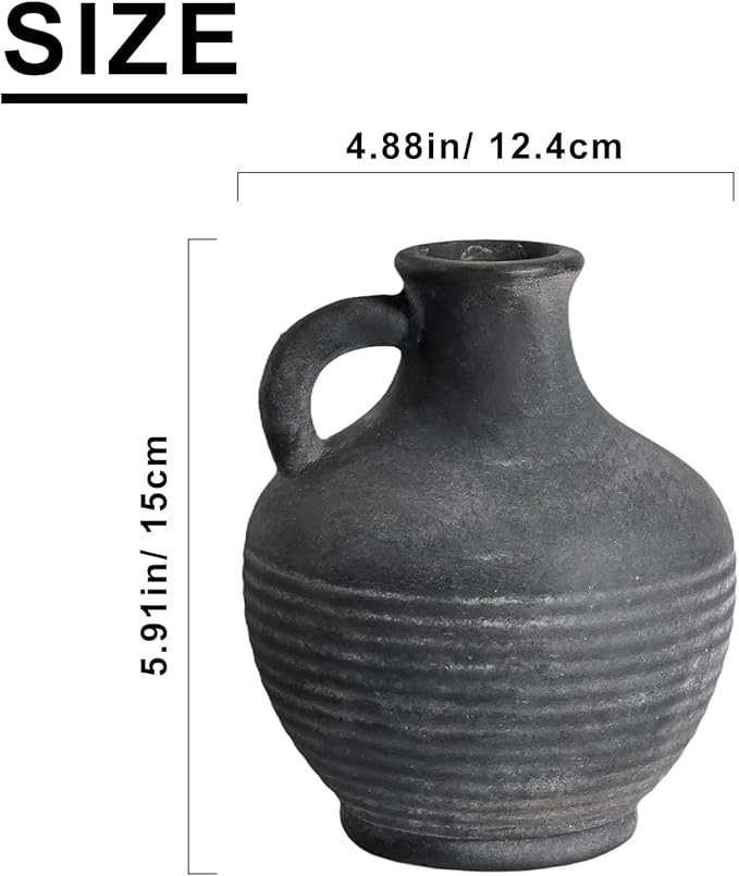 Black Ceramic Vase, Rustic Farmhouse Vase with Handle, 6 inch Terracotta Clay Small Vases, Centerpieces for Dining Table, Living Room, Bedroom, Entryway, Shelf Decor