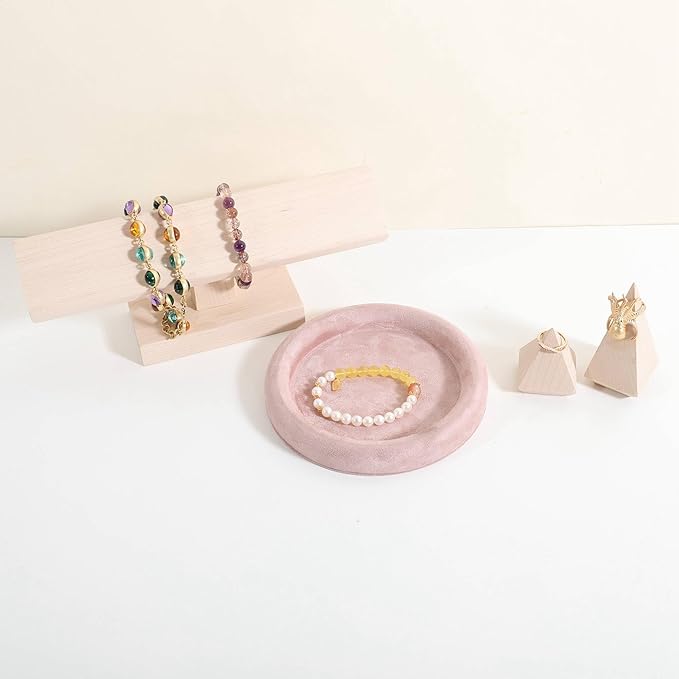 GemeShou Round Jewelry Organizer plate, Top Microfiber velvet Jewerly display tray, Empty Jewelry showcase tray for Necklace Bracelet Ring Earring display stand holder (Pink-Small, 5.9 x 5.9 in)