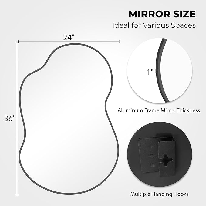 WallBeyond Irregular Wall Mirror – Asymmetrical Mirror with Aluminum Alloy Frame, Decorative Wall Mirror for Living Room, Bedroom, Bathroom, and Entryway 36" H x 24" W (Black)