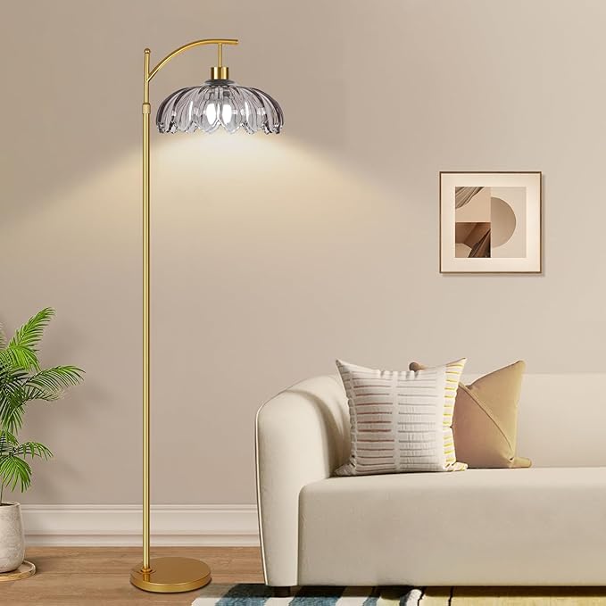 Floor Lamp for Living Room,Bedroom,Gold Dimmable Standing Lamp with Remote,Mid Century Modern Brass Tall Lamp Retro Vintage Grey Glass Lamp Floor Light Boho Bohemian