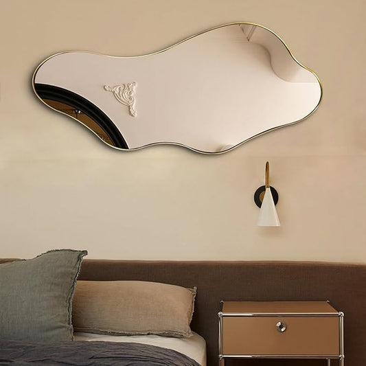 Gold Irregular Mirror, Asymmetrical Wall Mirrors Decorative, 40"x18" Wavy Shaped Mirror with Metal Frame, Modern Abstract Mirrors for Living Room Bathroom Bedroom Hallway Entryway Fireplace