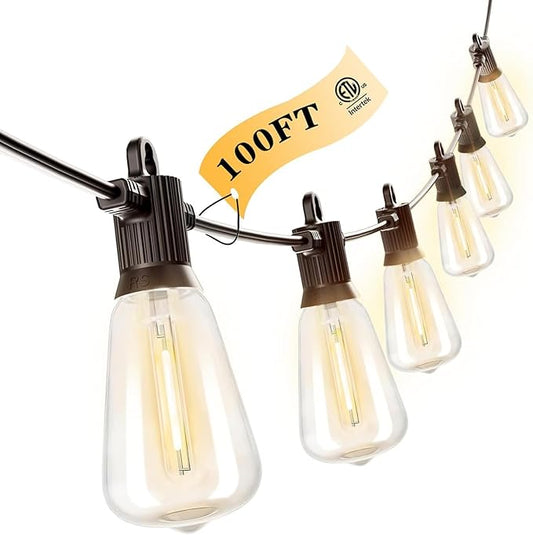 Kawaya Outdoor String Lights 100 FT LED Patio Light - 50+2 Shatterproof Vintage Edison Bulbs - 2700K Dimmable IP65 Waterproof Outside Hanging Lighting for Yard Porch Deck Balcony Bistro Cafe Party