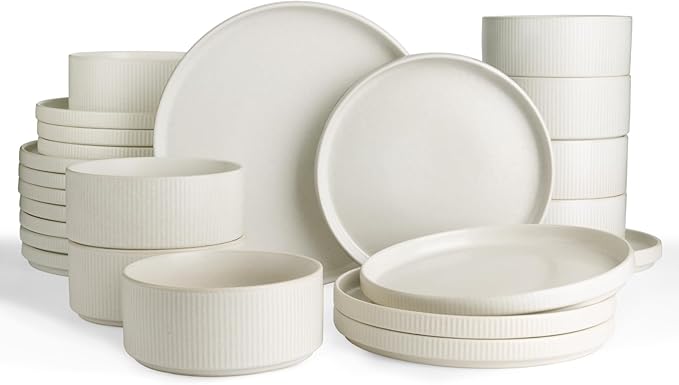 Famiware Star Plates and Bowls Sets, Modern Stoneware Dinnerware Sets for 8, 24-Piece Kitchen Dish Set - Microwave and Dishwasher Safe, Chip and Scratch Resistant, Matte White