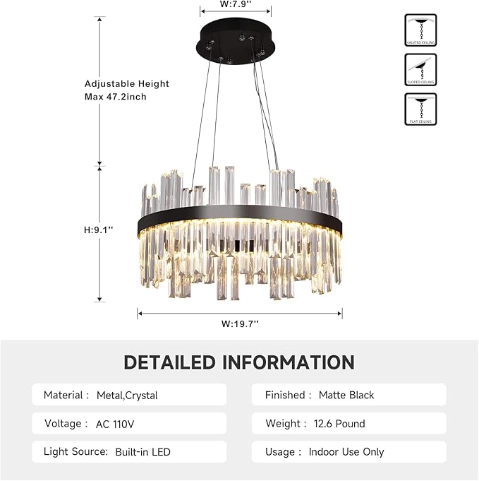 Black Led Modern Crystal Chandelier: 19.7" Round Contemporary 3 Color Dimmable Dining Room Light Fixture over Table - Adjustable Lighting Chandeliers for Bedroom Living Kitchen Island Entryway Foyer