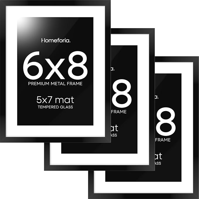 Homeforia 6x8 Picture Frame Black, High End Metal 6 x 8 Black Frames with Mat 5 x 7 for Art, 8x6 Desk Frame Matted to 5x7 inch Photo, 6 by 8 Wall or Tabletop Frames, Tempered Glass, Wall Kit, Set of 3