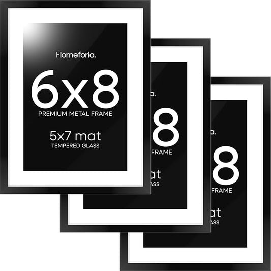 Homeforia 6x8 Picture Frame Black, High End Metal 6 x 8 Black Frames with Mat 5 x 7 for Art, 8x6 Desk Frame Matted to 5x7 inch Photo, 6 by 8 Wall or Tabletop Frames, Tempered Glass, Wall Kit, Set of 3