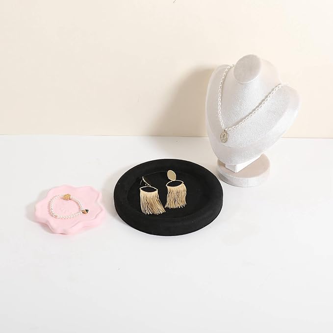 GemeShou Round Jewelry Organizer plate, Top Microfiber velvet Jewerly display tray, Empty Jewelry showcase tray for Necklace Bracelet Ring Earring display stand holder (Black-Small, 5.9 x 5.9 in)