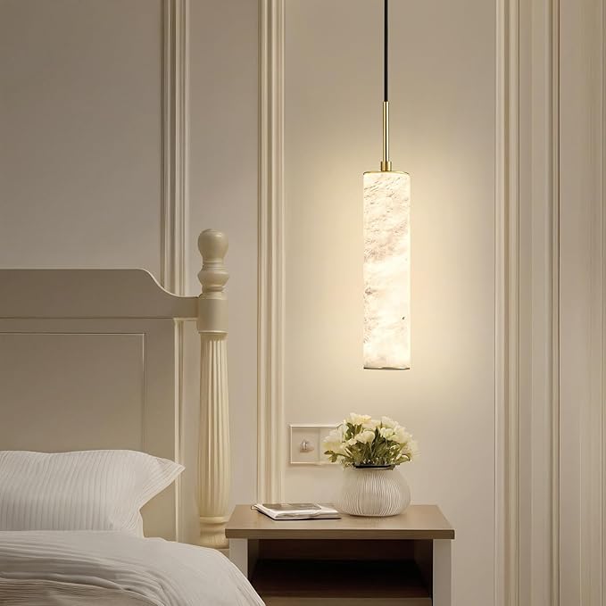 LMQNINE Natural Alabaster Pendant Lights for Kitchen Island White Marble Long Tube Chandelier Modern Gold Ceiling Light Fixtures for Bedroom Dining Room Table Living Room Hallway(S-2Pack)