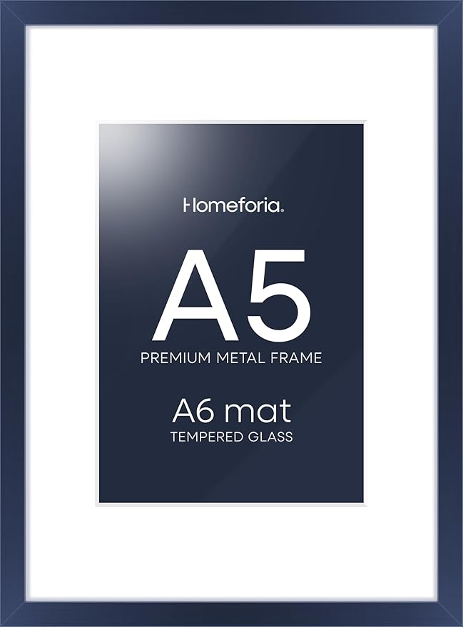 Homeforia A5 Navy Blue Frame, High End Metal 5.8 x 8.3 Picture Frames Matted to 4.1 by 5.8 inch Art, A5 Display Photo Frame with Mat A6, 5.8x8.3 Blue Poster Frames, Tempered Glass, Wall Kit, Set of 1