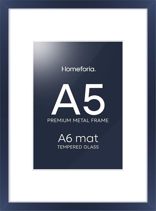 Homeforia A5 Navy Blue Frame, High End Metal 5.8 x 8.3 Picture Frames Matted to 4.1 by 5.8 inch Art, A5 Display Photo Frame with Mat A6, 5.8x8.3 Blue Poster Frames, Tempered Glass, Wall Kit, Set of 1